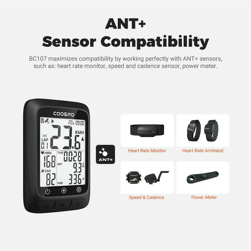 COOSPO BC107 Bike Computer GPS Wireless Bicycle Odometer Speedometer 2.4inch Bluetooth5.0 ANT Waterproof GPS BDS