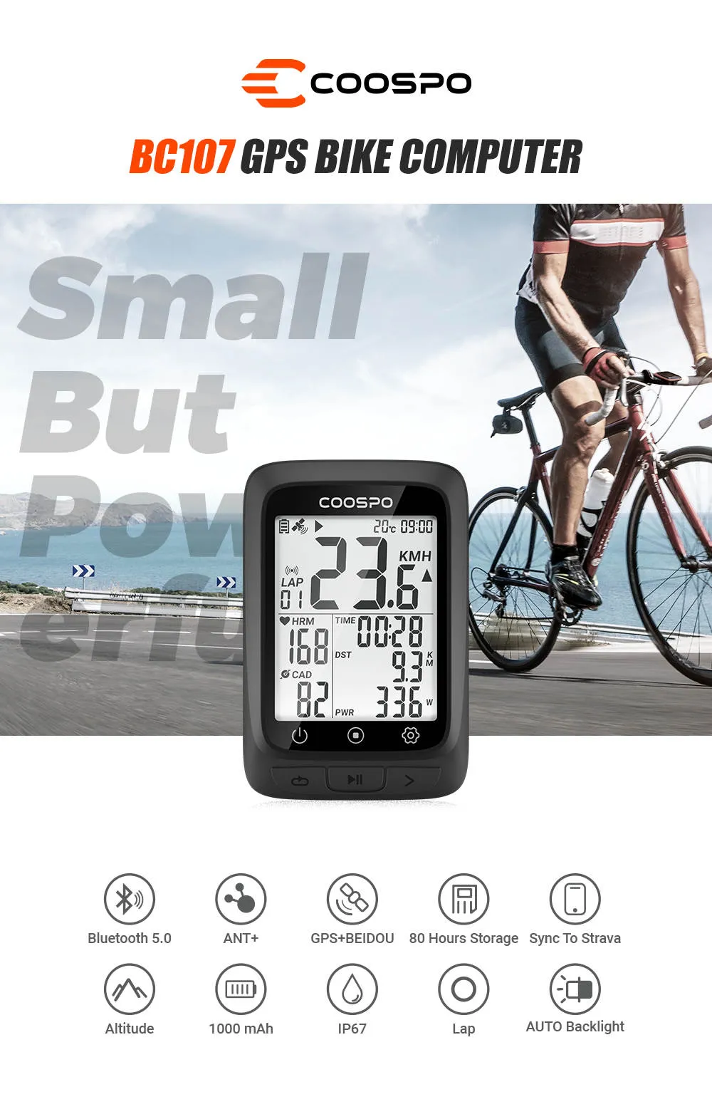 COOSPO Bike Computer GPS Wireless  with Bluetooth , 2.4 LCD Screen, Auto Backlight IP67 waterproof