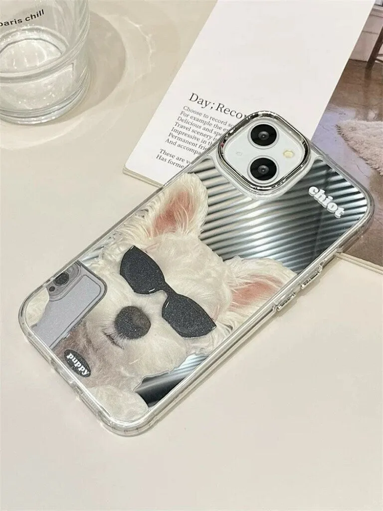 Cute Minimalist Electroplated Silver Mirror Cool Sunglasses Pet Dog Print Design Protective Phone Case for iPhone 11 12 13 14 15 Pro Max