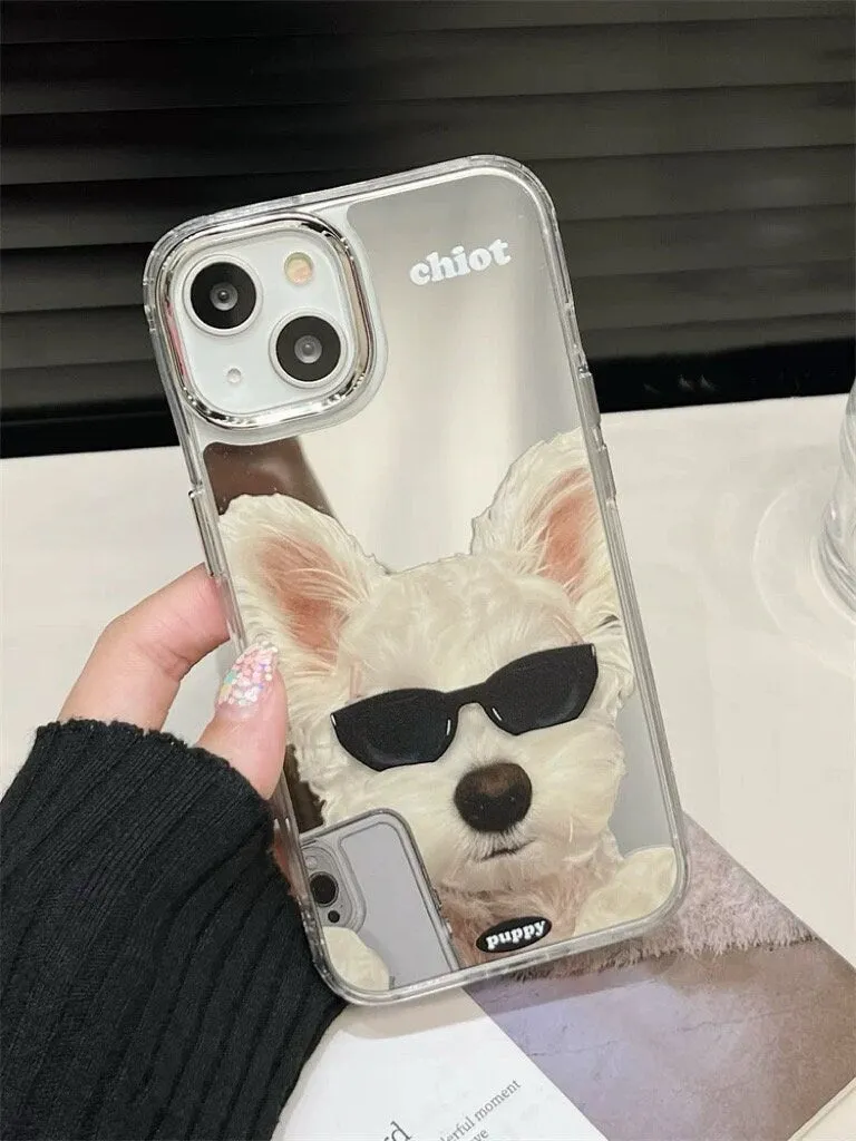 Cute Minimalist Electroplated Silver Mirror Cool Sunglasses Pet Dog Print Design Protective Phone Case for iPhone 11 12 13 14 15 Pro Max