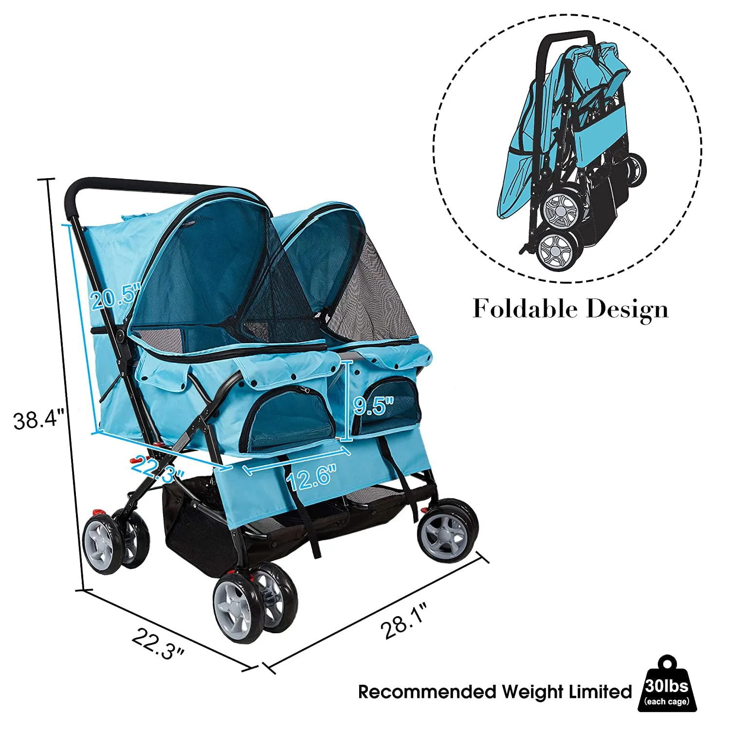 Double Seater Folding Dog Cat Pet Stroller Travel Carrier Jogger Stroller, Blue