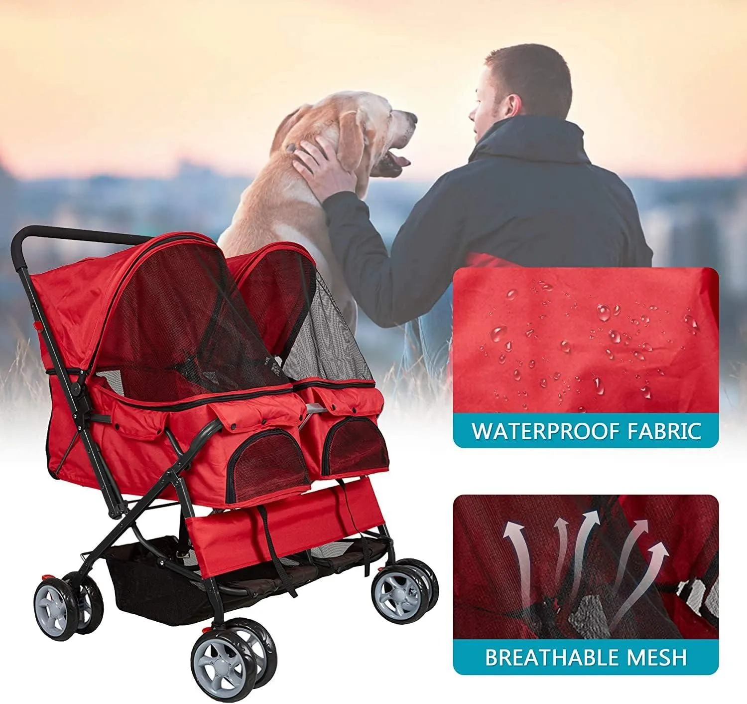 Double Seater Folding Dog Cat Pet Stroller Travel Carrier Jogger Stroller, Red