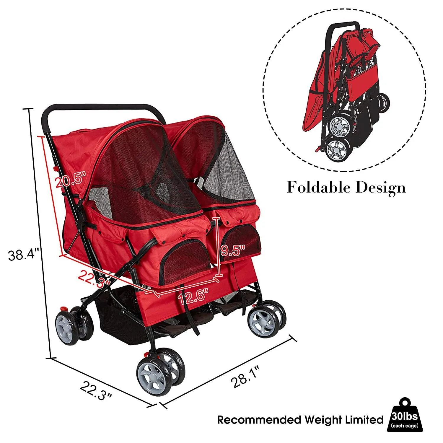 Double Seater Folding Dog Cat Pet Stroller Travel Carrier Jogger Stroller, Red