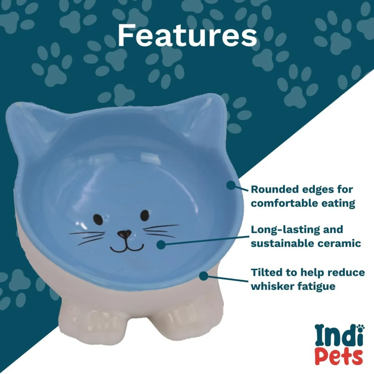 Indipets Pawsome Pottery Cat Face: Non-Skid Pet Water and Food Bowl, Blue