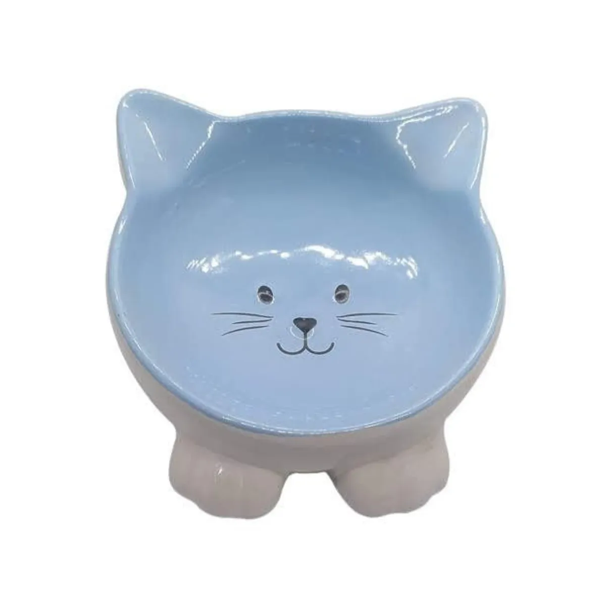 Indipets Pawsome Pottery Cat Face: Non-Skid Pet Water and Food Bowl, Blue