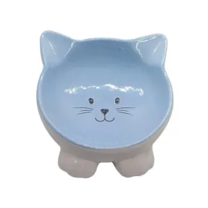 Indipets Pawsome Pottery Cat Face: Non-Skid Pet Water and Food Bowl, Blue