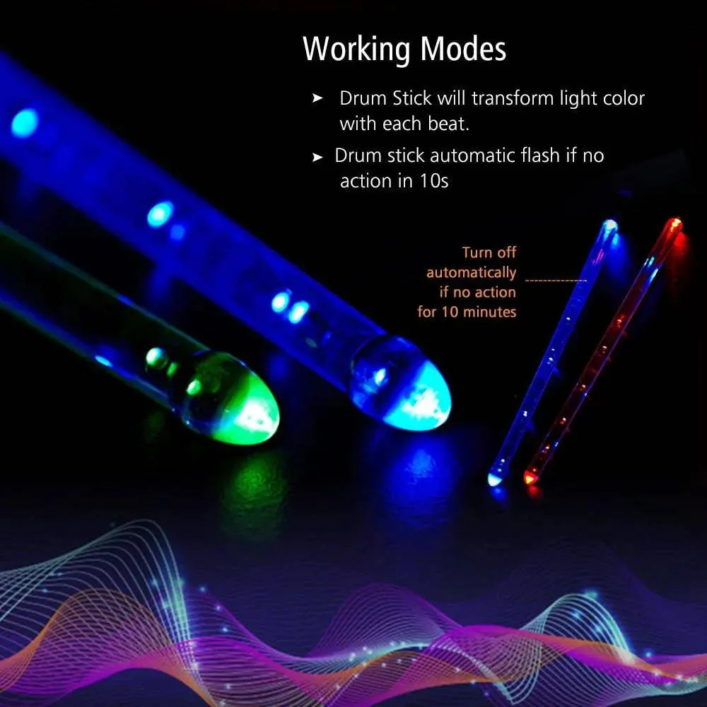 LED Light Up Drumsticks Jazz Drum Sticks 15 Gradient Colorful Lights USB Charging with Switch Drumstick Drum Set Accessories